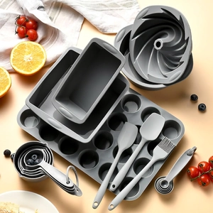 Silicone Baking Pans Molds Muffin Pan Loaf Pan Round Square Cake Molds Spatulas Oil Brush Measuring Utensils Tools Grey