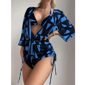 Three-piece printed bikini set with drawstring swim shorts and matching sheer mesh cover-up