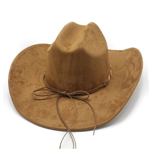 Detail of wide brim faux suede cowboy hat featuring brown leather cord and bow accent