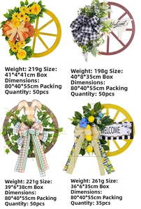 Detail showing four rustic farmhouse wagon wheel wreaths with Welcome signs and pine cones