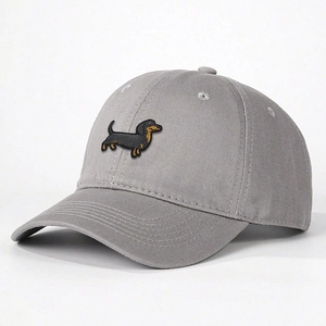 Detailed view of high-quality dachshund embroidery on gray cotton twill baseball cap