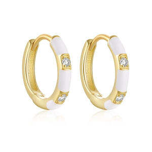 Close-up of S925 sterling silver hoop earrings with white enamel and sparkling zircon stones