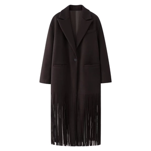 Women Long Woolen Overcoat Tassel Hem Single Breasted Notched Lapel Solid Color Outerwear Autumn Winter