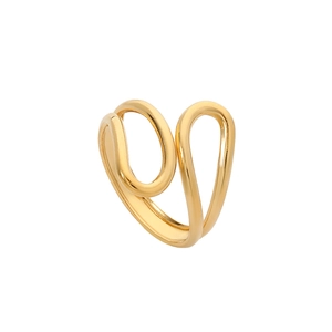 Vue détaillée d'une bague ajustable dorée en acier inoxydable à double vague
