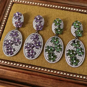 Vintage Flower Oval Dangle Earrings With Copper Zircon And Silver Earring Post Retro Luxury Jewelry For Women