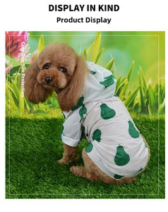 Detail of white breathable pet sun protection shirt with green pear pattern for small dogs
