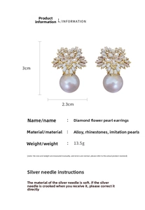 Detailed view of silver needle flower pearl earrings with rhinestone petals and specs