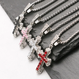 Hip hop cross necklaces with colorful square zircon pendants on silver snake chains