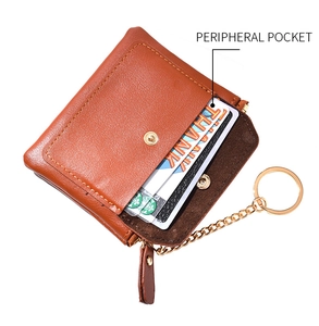 Detail view of brown leather coin purse showing external card slot with keychain and chain