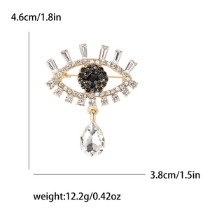 Golden evil eye brooch with blue crystals and teardrop pendant with dimensions