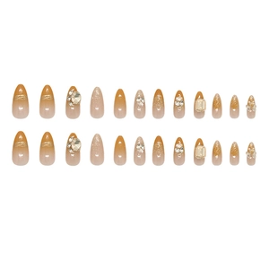 Sparkling brown gradient press-on nails with 3D rhinestones in 24-piece almond shape set