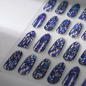 Holographic gothic stained glass nail stickers in deep purple and royal blue tones