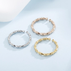 Bamboo-style open rings in gold, rose gold, and silver finishes with adjustable band