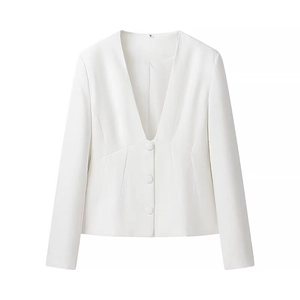 Casual Deep V-neck Blazer And Wide Leg Pants Fashion Office Streetwear Outfit Solid Color Polyester Top And Bottoms