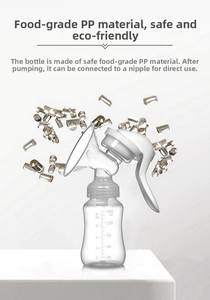 Manual breast pump detail with 150ml scale bottle and food-grade silicone components