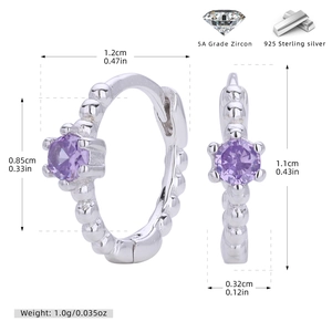 Detailed size specifications of the S925 sterling silver hoop earring with purple zircon