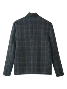 Back view of a charcoal grey plaid blazer featuring classic small check pattern and fine knit texture