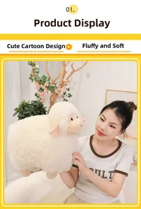 Close-up of a white fluffy sheep plush toy held by a woman in a cozy home setting