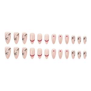 Oriental style almond press-on nails featuring bamboo painting and red dot details