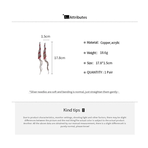 Detailed dimension guide for long tassel earrings in silver grey with red bead accents