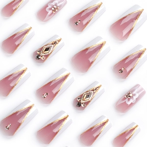Long coffin fake nails with pink gradient, 3D rhinestones and gold glitter French tips