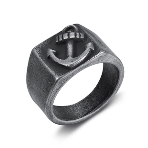 Vintage stainless steel signet ring for men featuring a nautical anchor relief design