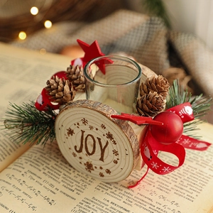 Christmas wooden candle holder with JOY engraving, pine cones and red ornaments decoration
