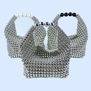 Handmade Beaded Handbag Silver Artificial Pearl Top Handle Woven Purse Elegant Wedding Banquet Party Fashion Accessory For Women
