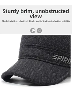 Detail of grey winter cap featuring a stiff brim and Spirit embroidery for men
