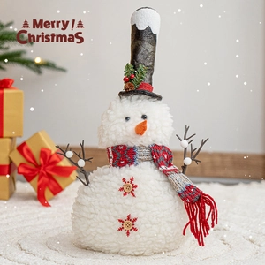 Plush Christmas snowman figurine with red scarf and black top hat for holiday decor