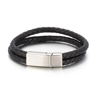 Men Woven Cowhide Leather Bracelet Double Layer Braided Casual Punk Style With Stainless Steel Magnetic Clasp