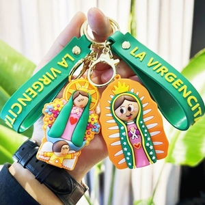 Cute cartoon Our Lady of Guadalupe keychain with green silicone strap and gold ring