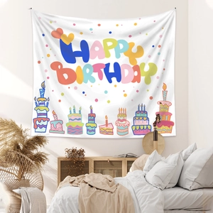 Detail showing the Happy Birthday tapestry with hand-drawn cake and candle patterns