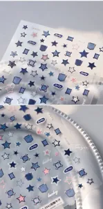 Detail showing denim style nail stickers with star and pocket patterns in blue and pink