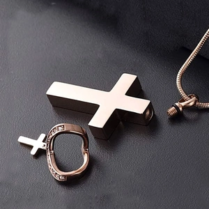 Rose gold stainless steel double cross urn pendant necklace and diamond ring set