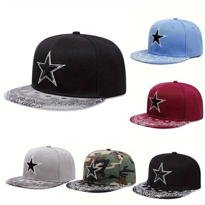 Detail of adjustable snapback hats with paisley pattern brims and star embroidery