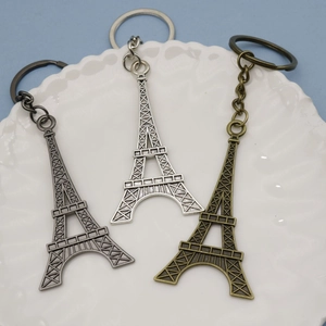 Three metallic Eiffel Tower keychains in bronze, silver and dark grey on a white plate