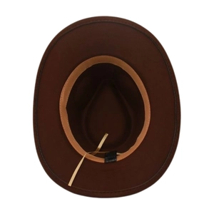 Detail view of the felt fedora hat interior with adjustable sweatband and care label
