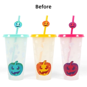 Three-piece 24oz Halloween pumpkin color-changing straw cups set in vibrant plastic colors