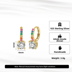 Detail of 925 silver rainbow zircon hoop earring with a 4mm white stone setting