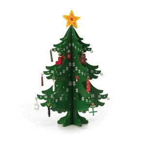 Miniature green wooden DIY Christmas tree tabletop decor with colorful small ornaments