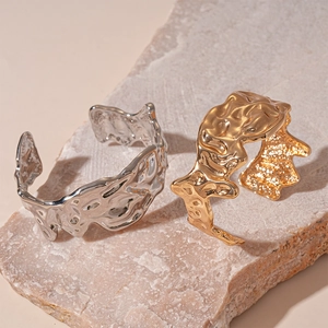 Irregular lava texture open cuff bracelet in gold and silver finish for women