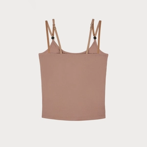 Detail of adjustable double straps and ribbed knit texture on dusty pink tank top