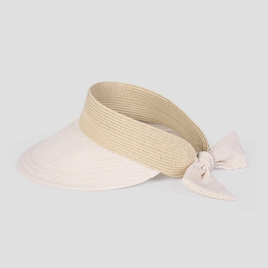 Dettaglio di un cappello parasole in paglia beige con tesa a nido d'ape e fiocco elegante