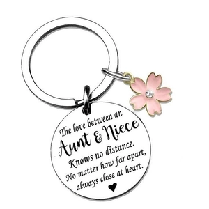 Stainless steel aunt and niece key ring with pink flower pendant for gifting