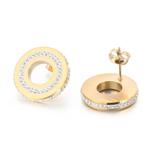 Polished gold-plated round earrings with double-row sparkling rhinestones for women