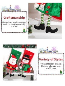Detail of Christmas stocking featuring 3D long-legged Santa Claus and Snowman plush figures