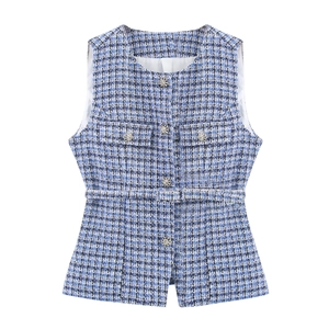 Gilet En Tweed Pour Femmes Haut Sans Manches À Carreaux Avec Ceinture Élégant Col En V Style Bureau Boutons À Fleurs