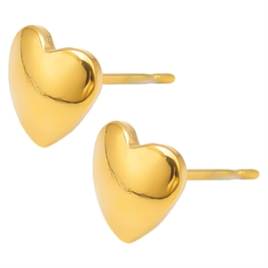 Macro shot of gold heart stud earrings in polished 304 stainless steel with secure backings