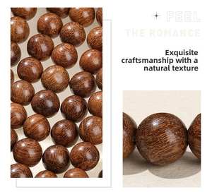 Macro detail of natural grain on polished reddish-brown round wooden beads for DIY jewelry